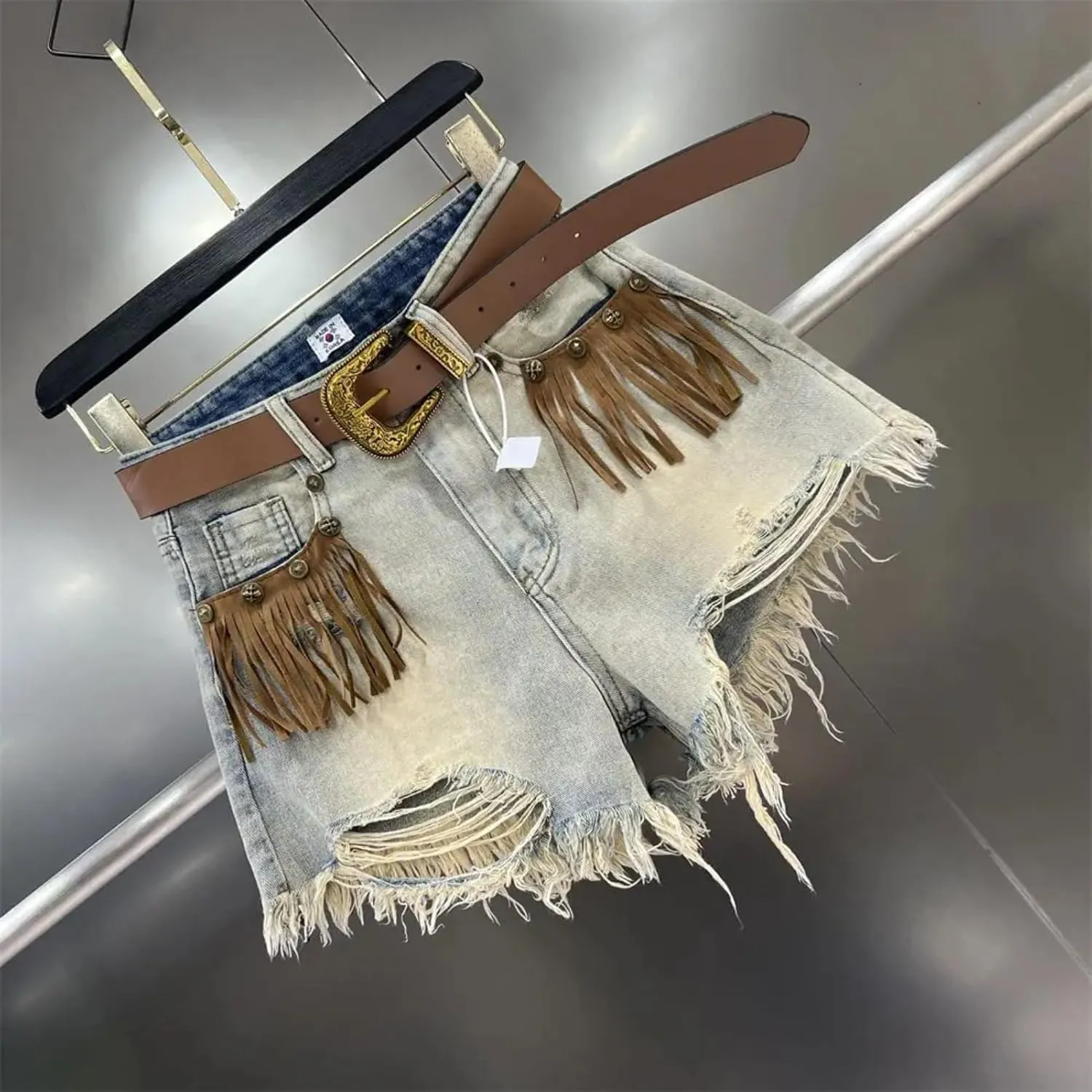 Dawery Fringe Frayed Edge Ripped Hole Jeans Women's Summer Retro Slimming Wide Leg Short Pants