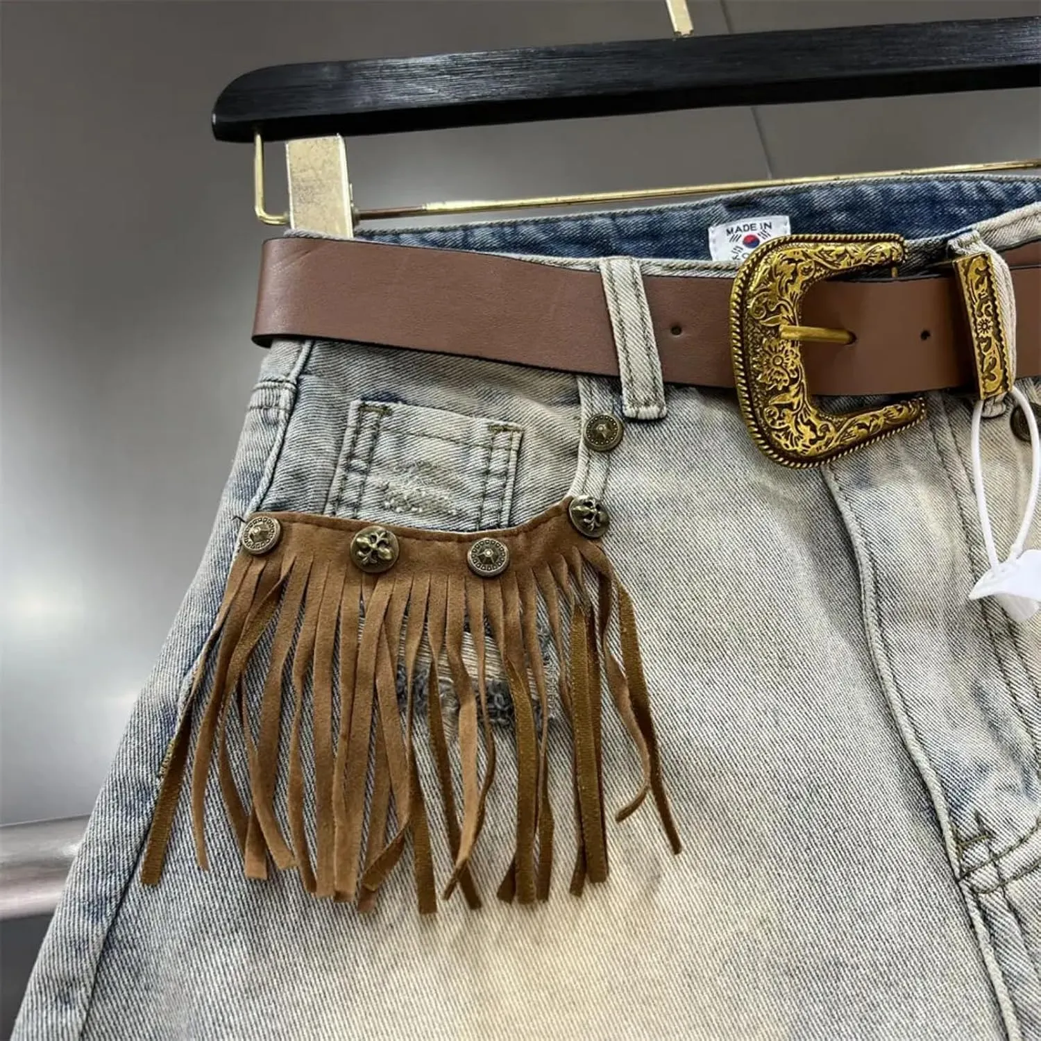 Dawery Fringe Frayed Edge Ripped Hole Jeans Women's Summer Retro Slimming Wide Leg Short Pants