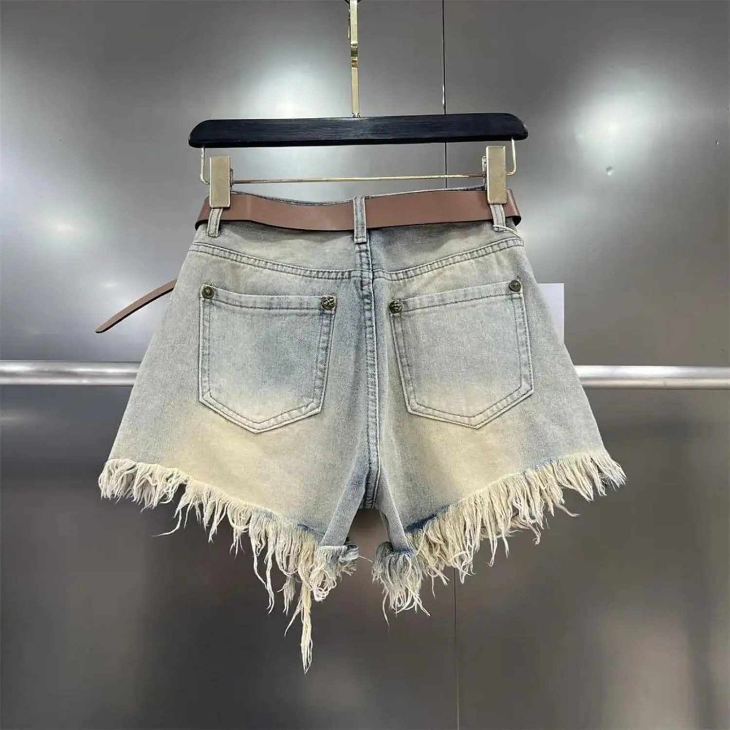 Dawery Fringe Frayed Edge Ripped Hole Jeans Women's Summer Retro Slimming Wide Leg Short Pants