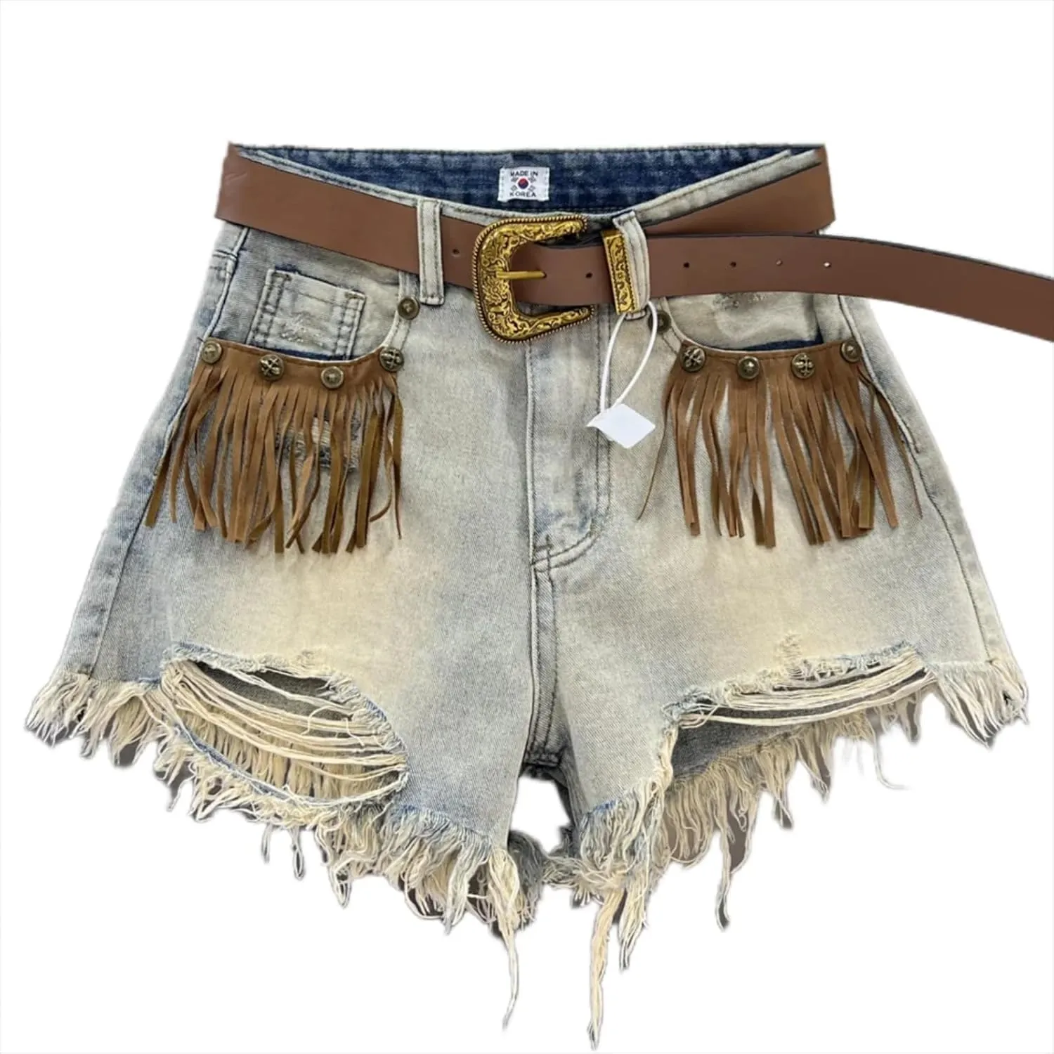 Dawery Fringe Frayed Edge Ripped Hole Jeans Women's Summer Retro Slimming Wide Leg Short Pants