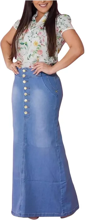 Denim Maxi Skirts for Women High Waist Mermaid Bodycom Wrap Skirt Pocketed Jeans Long Dress with Buttons for Ladies