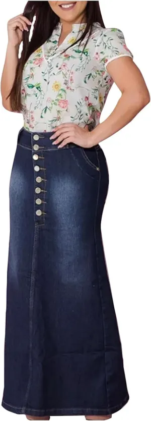 Denim Maxi Skirts for Women High Waist Mermaid Bodycom Wrap Skirt Pocketed Jeans Long Dress with Buttons for Ladies