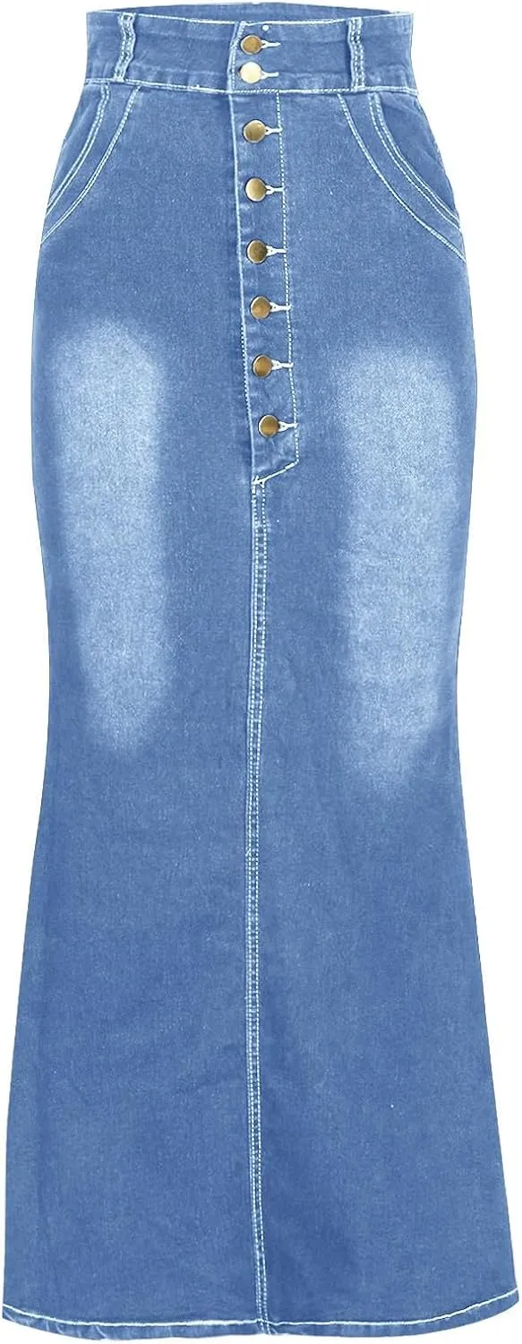 Denim Maxi Skirts for Women High Waist Mermaid Bodycom Wrap Skirt Pocketed Jeans Long Dress with Buttons for Ladies