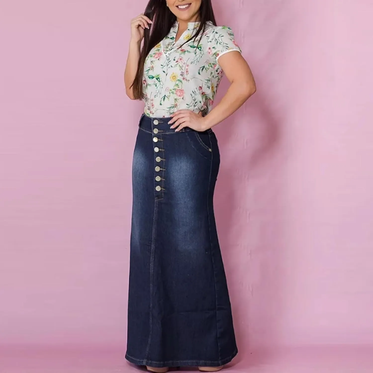 Denim Maxi Skirts for Women High Waist Mermaid Bodycom Wrap Skirt Pocketed Jeans Long Dress with Buttons for Ladies