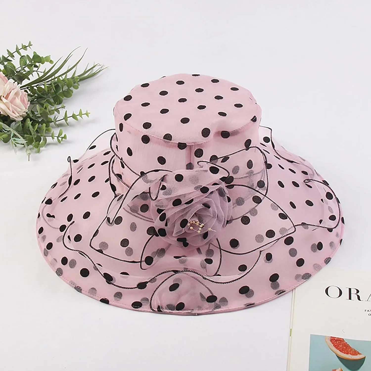 Derby Hat Wide Brim for Women Fashionable Organza Tea Party Fascinators Polka Dots Church Wedding Holiday Bucket Hats