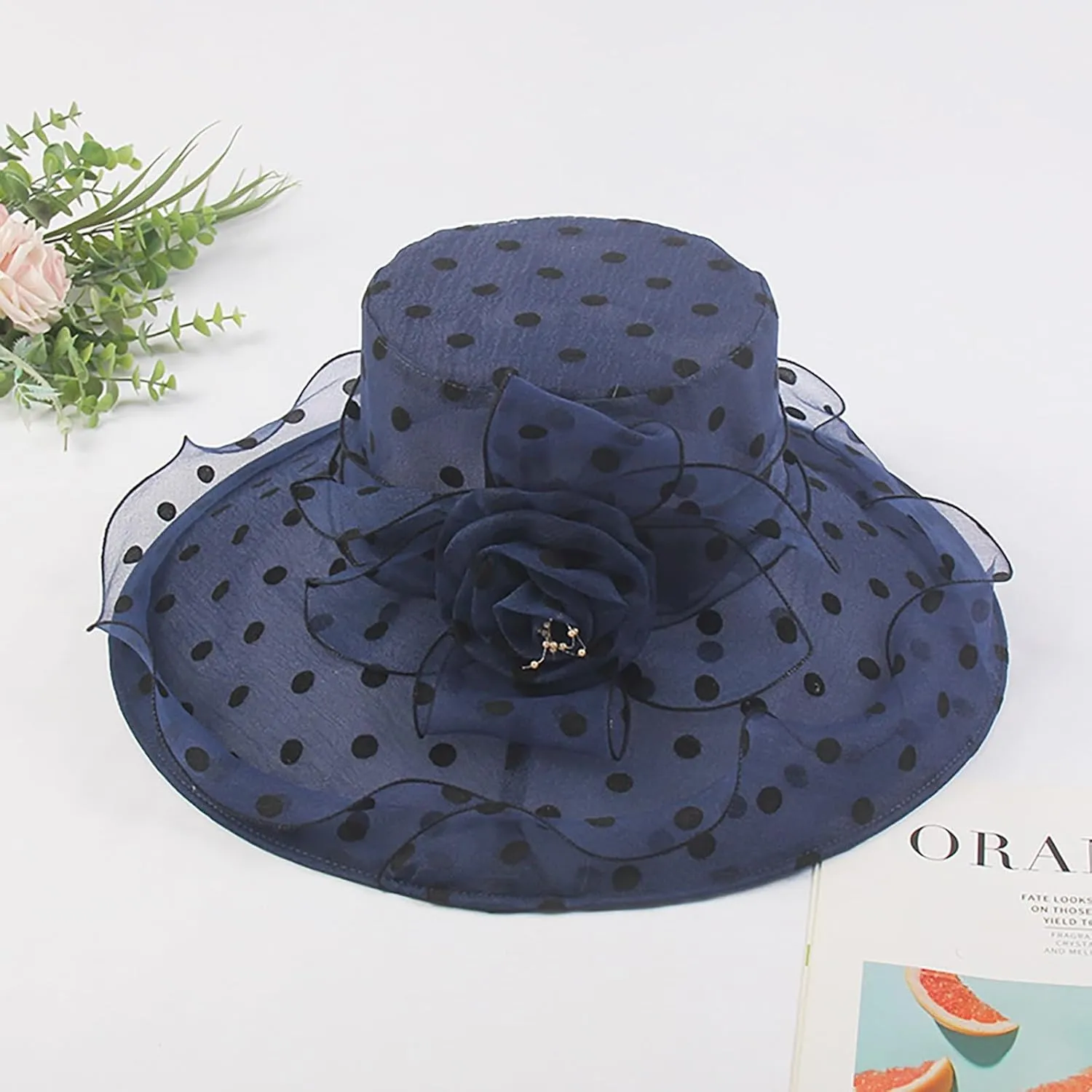 Derby Hat Wide Brim for Women Fashionable Organza Tea Party Fascinators Polka Dots Church Wedding Holiday Bucket Hats