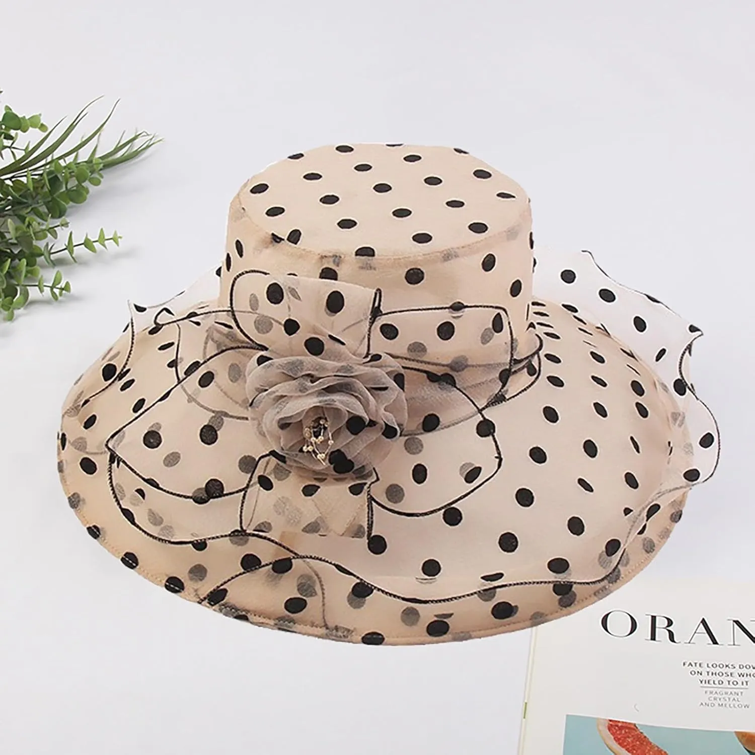 Derby Hat Wide Brim for Women Fashionable Organza Tea Party Fascinators Polka Dots Church Wedding Holiday Bucket Hats