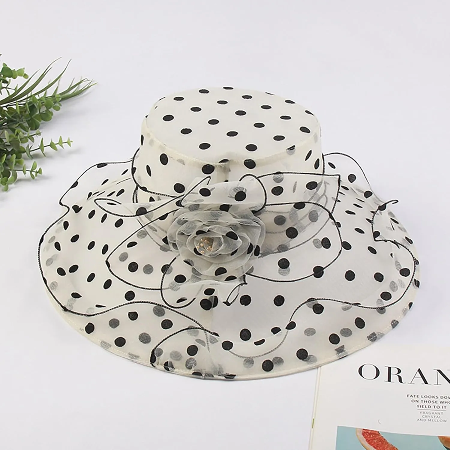 Derby Hat Wide Brim for Women Fashionable Organza Tea Party Fascinators Polka Dots Church Wedding Holiday Bucket Hats