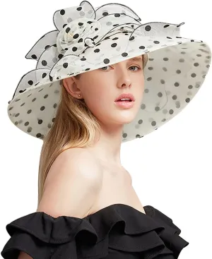 Derby Hat Wide Brim for Women Fashionable Organza Tea Party Fascinators Polka Dots Church Wedding Holiday Bucket Hats