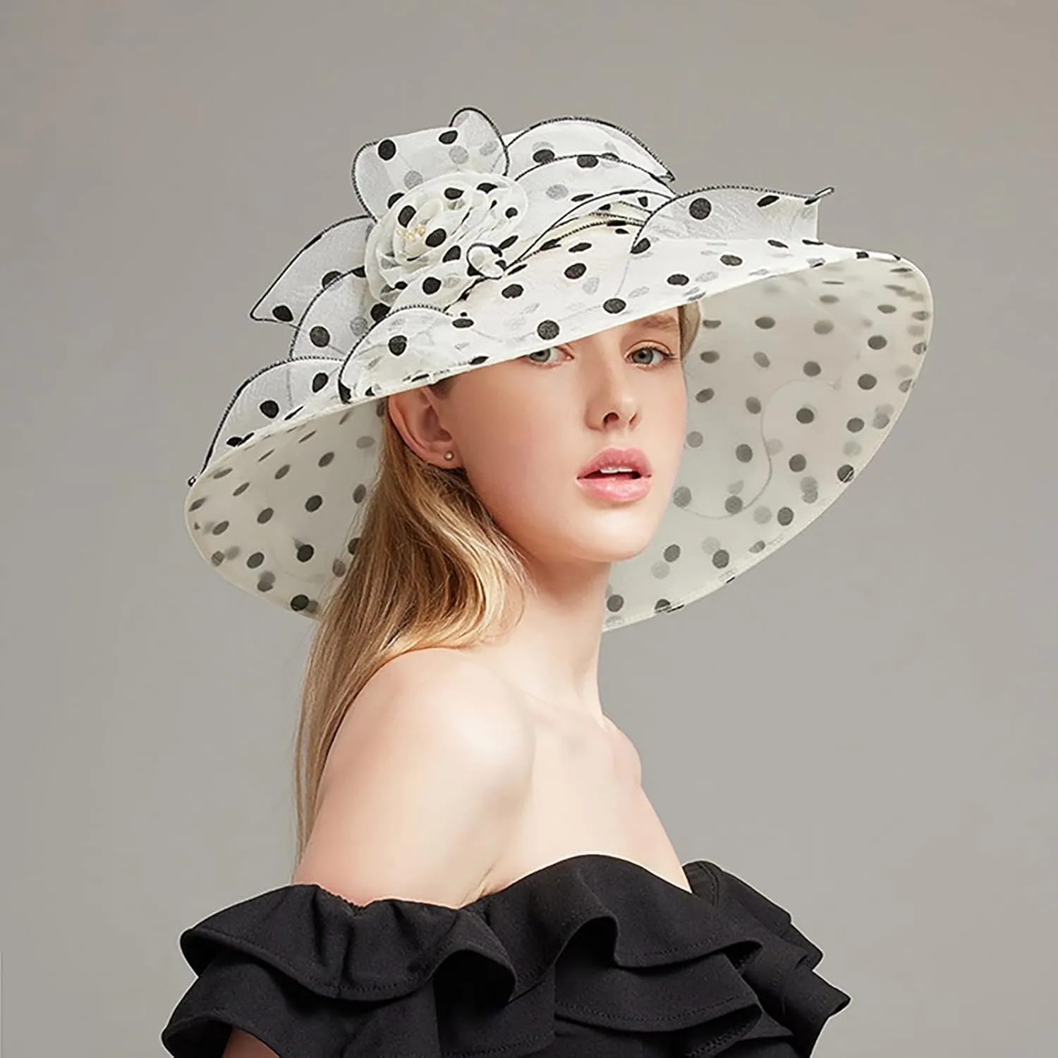 Derby Hat Wide Brim for Women Fashionable Organza Tea Party Fascinators Polka Dots Church Wedding Holiday Bucket Hats