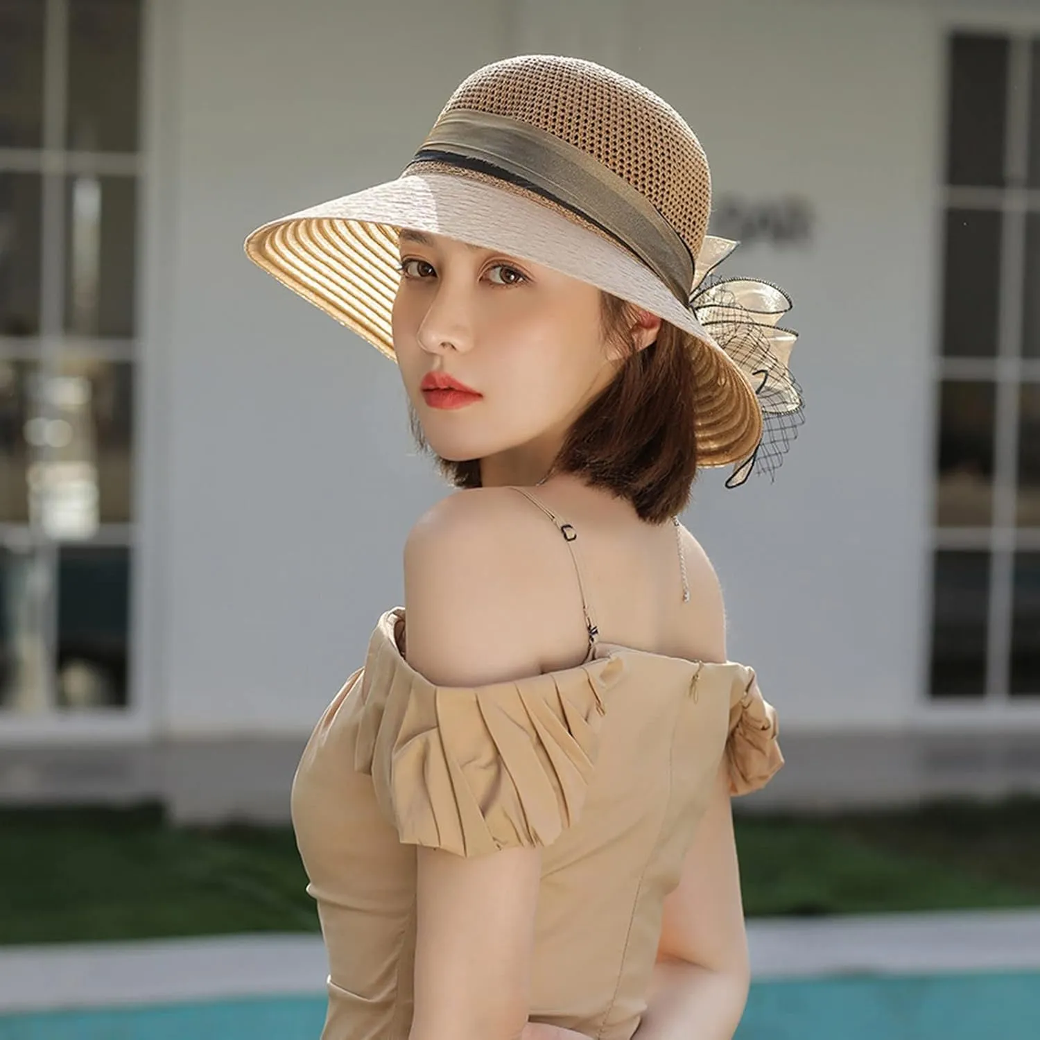 Derby Hat Women Organza Fascinator Church Bridal Wedding Tea Party Hat Elegant Wide Brim Sunhat Easter Outfit