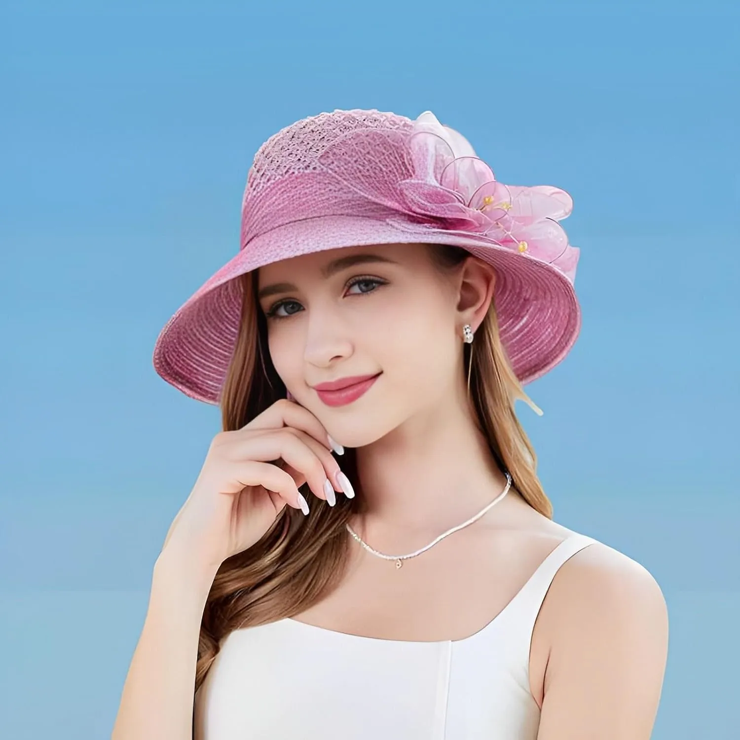 Derby Hats for Women 2025 Floral Pearl Organza Church Fascinator Cap Wide Brim Bridal Tea Party Foldable Bowler Hat