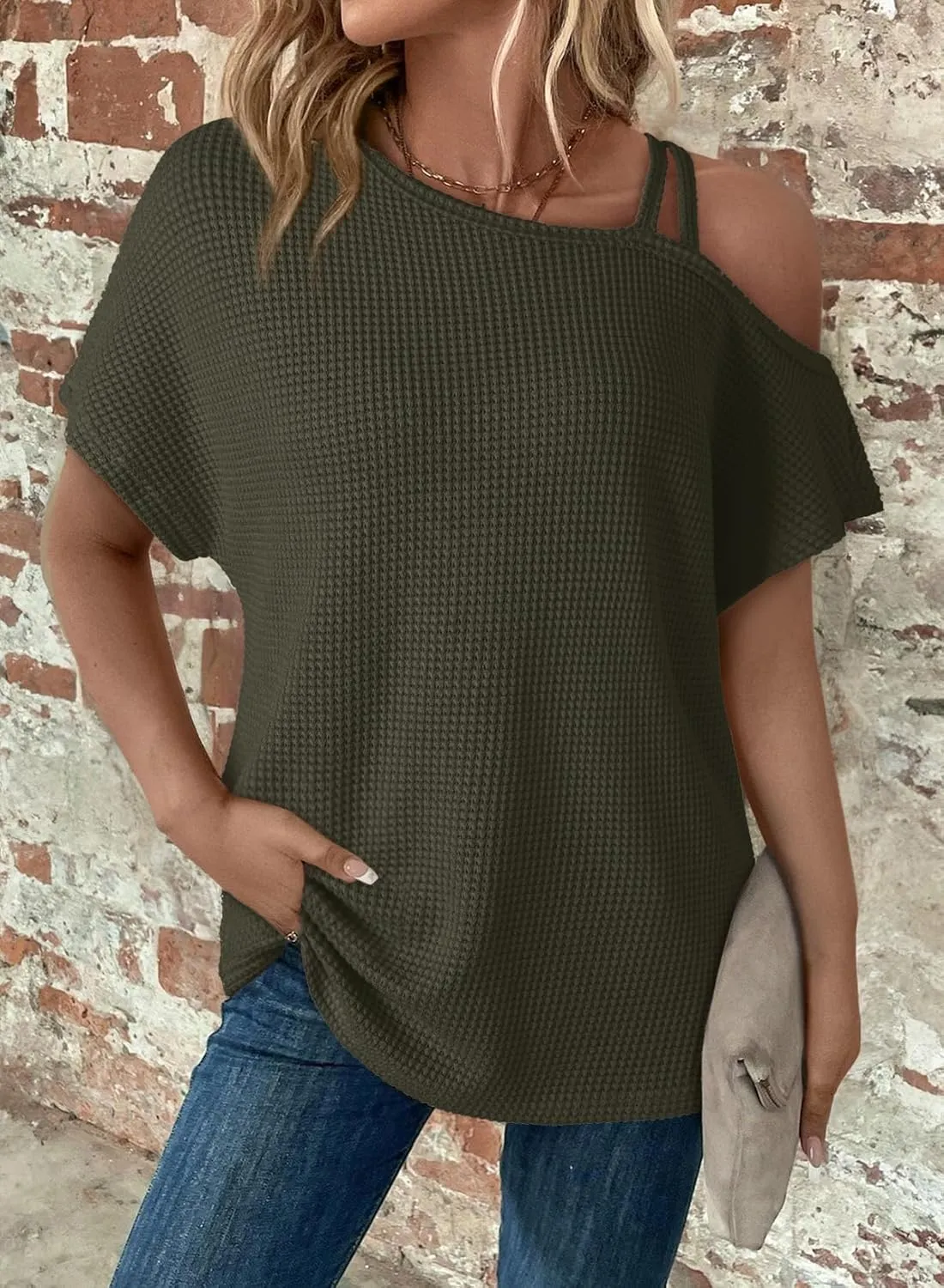 Dokotoo Womens Summer Tops Off One Shoulder Waffle Knit Short Sleeve T-Shirts Casual Lightweight Solid Color Blouses