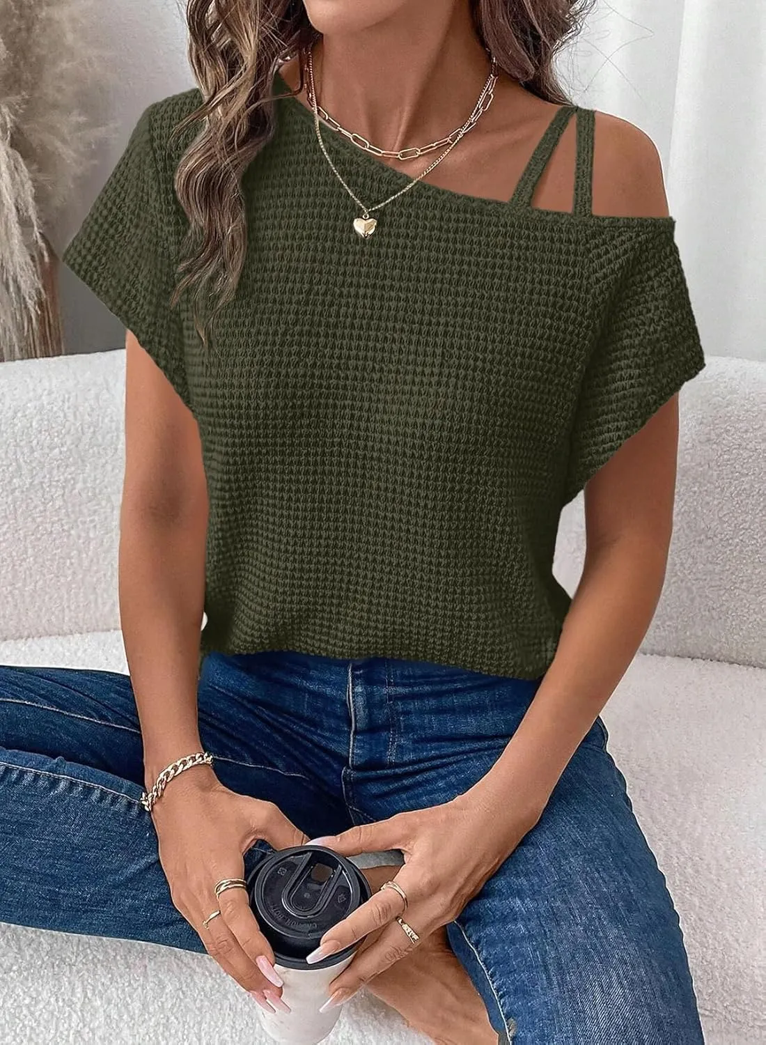Dokotoo Womens Summer Tops Off One Shoulder Waffle Knit Short Sleeve T-Shirts Casual Lightweight Solid Color Blouses
