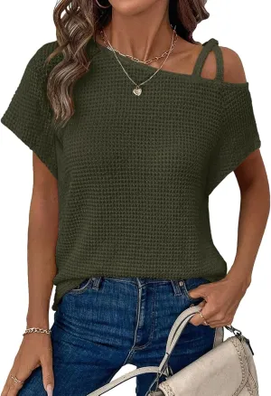 Dokotoo Womens Summer Tops Off One Shoulder Waffle Knit Short Sleeve T-Shirts Casual Lightweight Solid Color Blouses