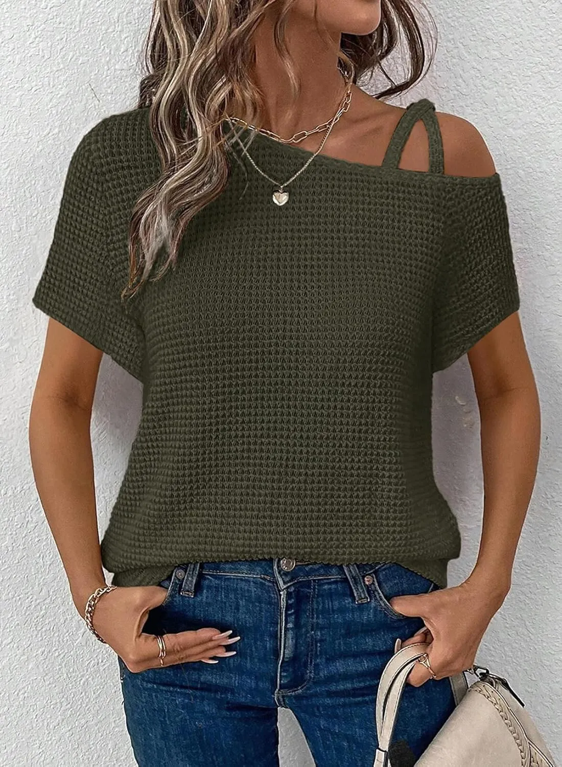 Dokotoo Womens Summer Tops Off One Shoulder Waffle Knit Short Sleeve T-Shirts Casual Lightweight Solid Color Blouses