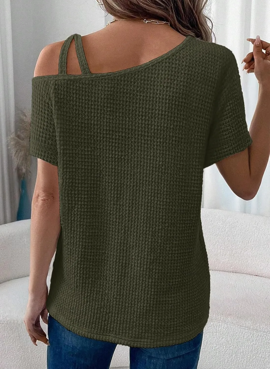 Dokotoo Womens Summer Tops Off One Shoulder Waffle Knit Short Sleeve T-Shirts Casual Lightweight Solid Color Blouses