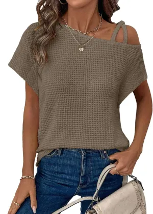 Dokotoo Womens Summer Tops Off One Shoulder Waffle Knit Short Sleeve T-Shirts Casual Lightweight Solid Color Blouses