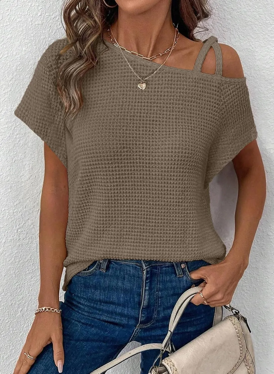 Dokotoo Womens Summer Tops Off One Shoulder Waffle Knit Short Sleeve T-Shirts Casual Lightweight Solid Color Blouses