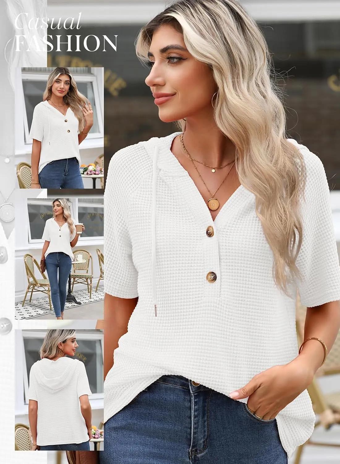 Dokotoo Womens Summer Waffle Knit Short Sleeve Tops Lightweight Drawstring Hoodies Button V Neck Casual Blouses Shirts