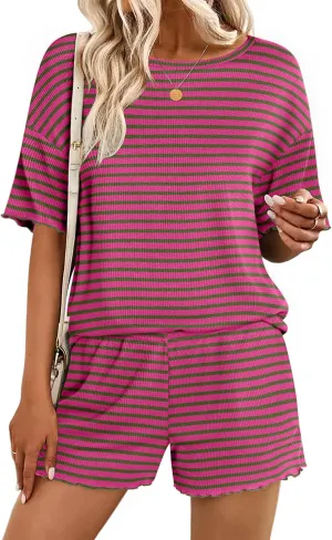 Ekouaer Lounge Sets for Women Waffle Knit Pajama Set Shorts 2 Piece Matching Loungewear Summer Outfits with Pockets