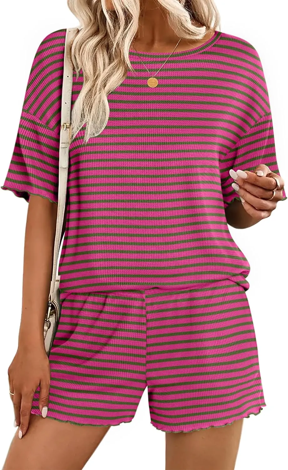 Ekouaer Lounge Sets for Women Waffle Knit Pajama Set Shorts 2 Piece Matching Loungewear Summer Outfits with Pockets