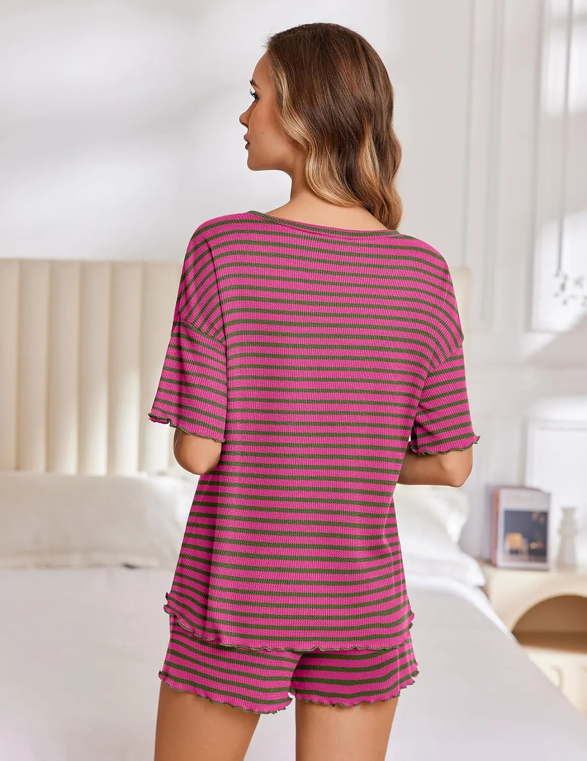Ekouaer Lounge Sets for Women Waffle Knit Pajama Set Shorts 2 Piece Matching Loungewear Summer Outfits with Pockets