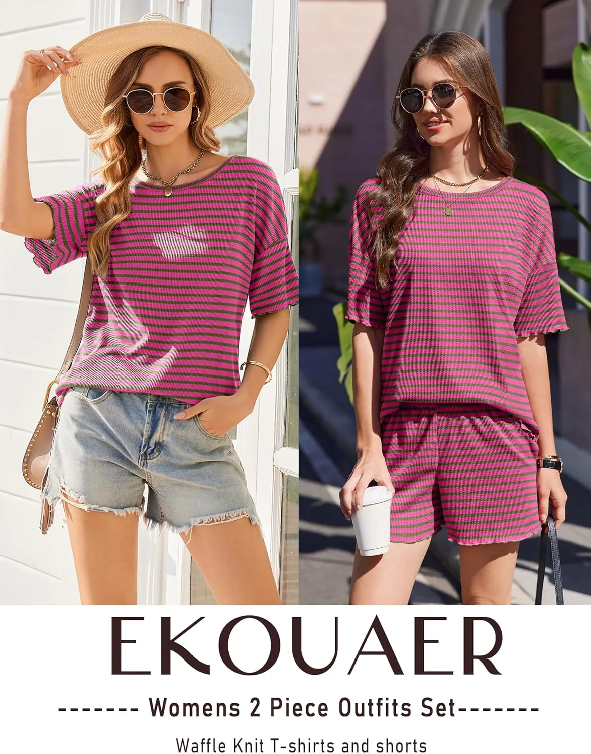 Ekouaer Lounge Sets for Women Waffle Knit Pajama Set Shorts 2 Piece Matching Loungewear Summer Outfits with Pockets