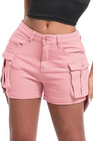 ELLEVEN Women's High-Stretch Cargo Shorts, Y2K Mini, High Waisted, Slim-Fitted Jean Shorts with Pockets