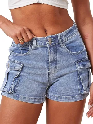 ELLEVEN Women's High-Stretch Cargo Shorts, Y2K Mini, High Waisted, Slim-Fitted Jean Shorts with Pockets