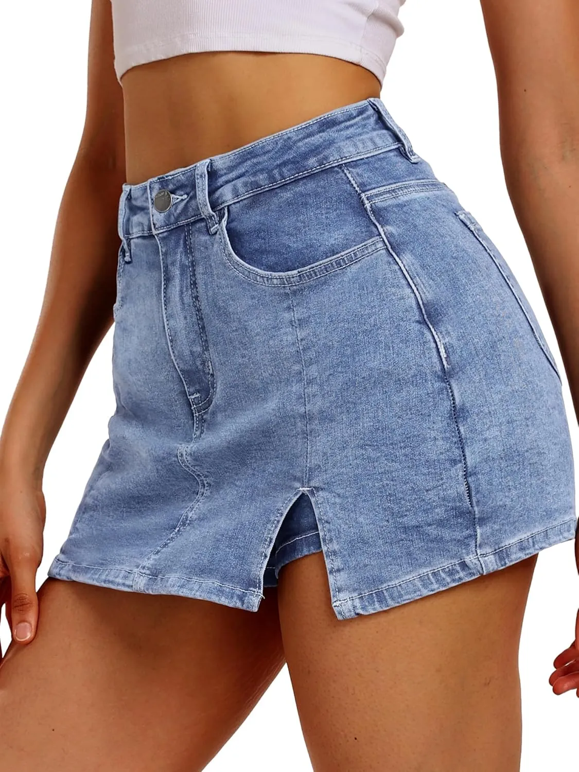 ELLEVEN Women’s Side Slit Denim Skort, High-Stretch,High Waisted,Y2K Mini Jean Skirt Shorts with 5 Pockets