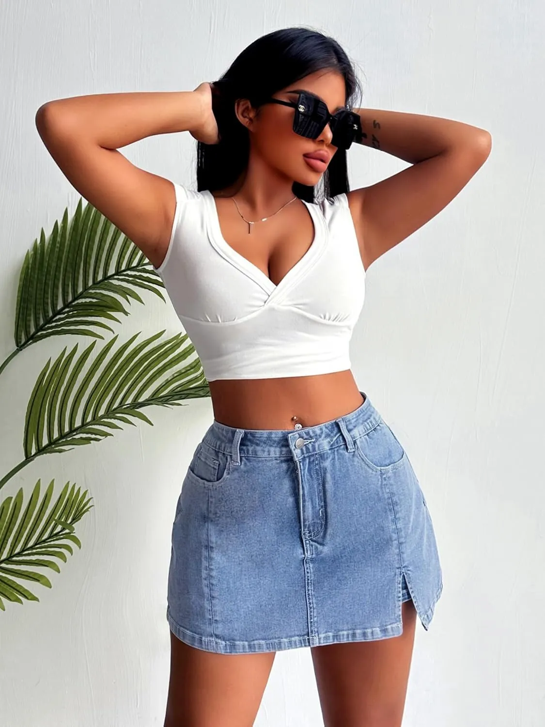 ELLEVEN Women’s Side Slit Denim Skort, High-Stretch,High Waisted,Y2K Mini Jean Skirt Shorts with 5 Pockets