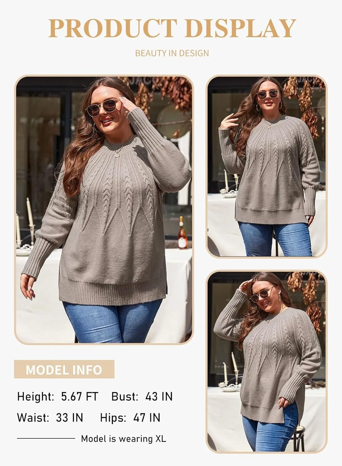 Eytino Womens Plus Size Sweater Casual Long Sleeve Crew Neck Slit Hem Cable Knit Chunky Tunic Jumper Tops(1X-5X)