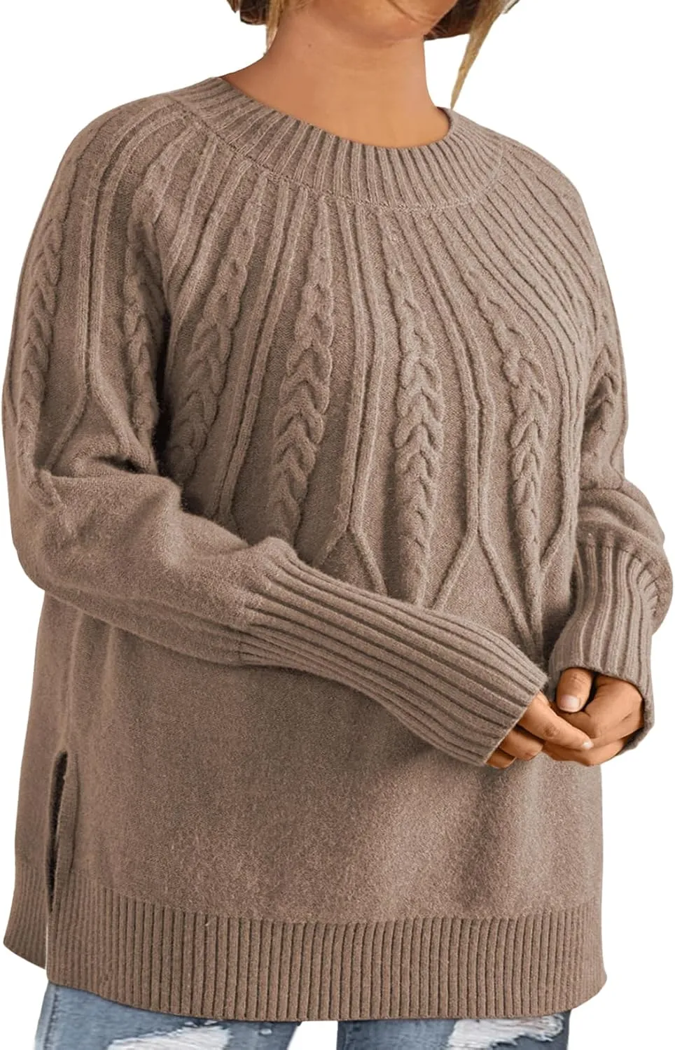 Eytino Womens Plus Size Sweater Casual Long Sleeve Crew Neck Slit Hem Cable Knit Chunky Tunic Jumper Tops(1X-5X)