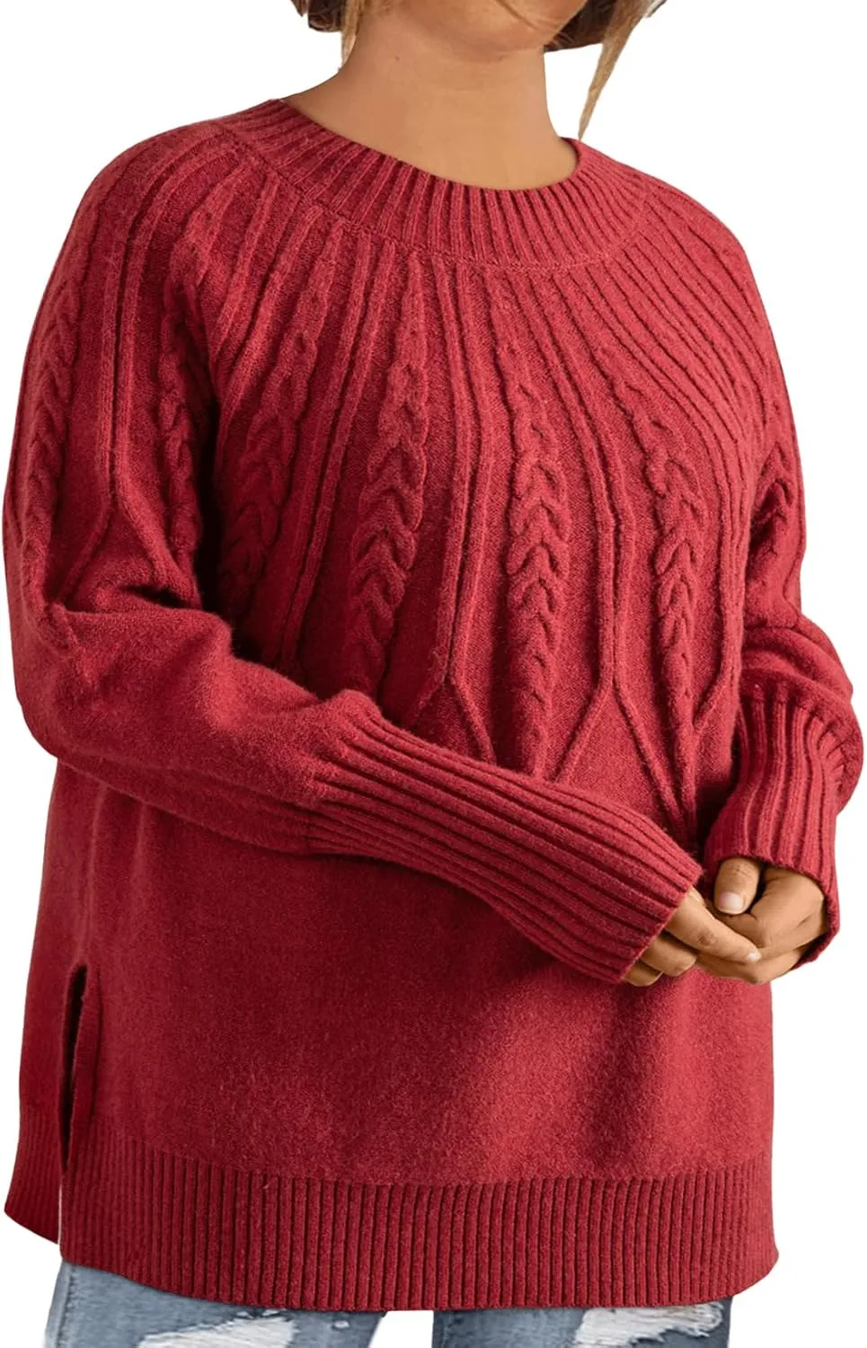 Eytino Womens Plus Size Sweater Casual Long Sleeve Crew Neck Slit Hem Cable Knit Chunky Tunic Jumper Tops(1X-5X)
