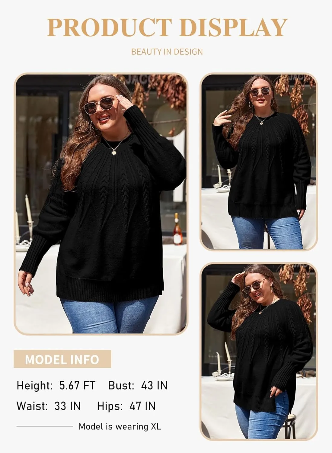 Eytino Womens Plus Size Sweater Casual Long Sleeve Crew Neck Slit Hem Cable Knit Chunky Tunic Jumper Tops(1X-5X)