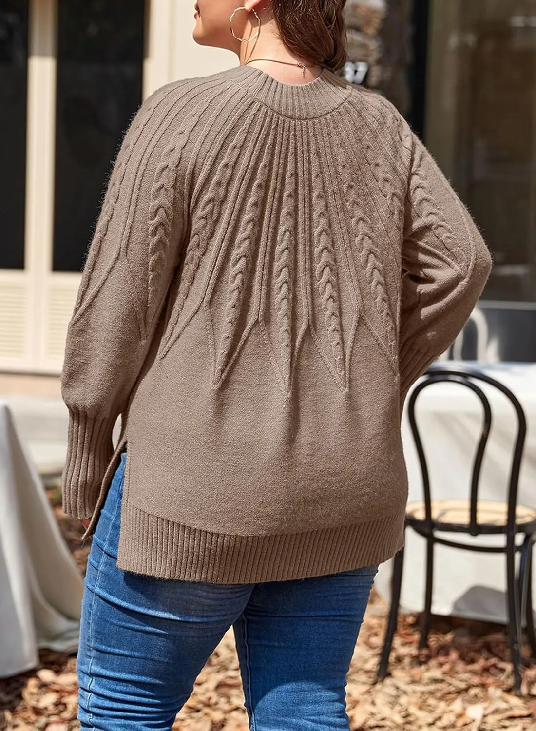 Eytino Womens Plus Size Sweater Casual Long Sleeve Crew Neck Slit Hem Cable Knit Chunky Tunic Jumper Tops(1X-5X)