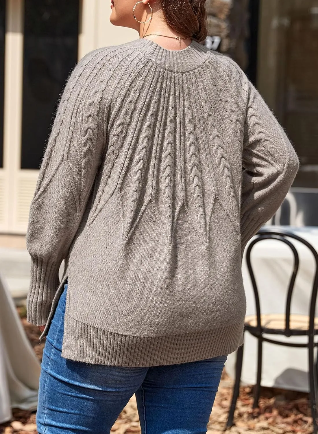 Eytino Womens Plus Size Sweater Casual Long Sleeve Crew Neck Slit Hem Cable Knit Chunky Tunic Jumper Tops(1X-5X)