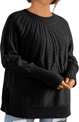 Eytino Womens Plus Size Sweater Casual Long Sleeve Crew Neck Slit Hem Cable Knit Chunky Tunic Jumper Tops(1X-5X)