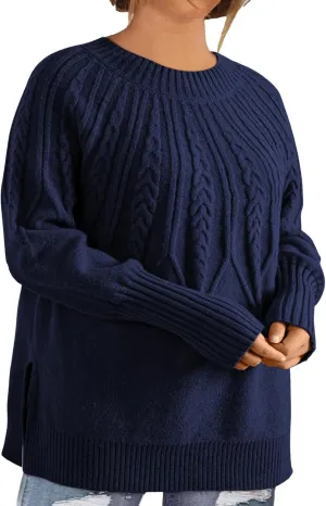 Eytino Womens Plus Size Sweater Casual Long Sleeve Crew Neck Slit Hem Cable Knit Chunky Tunic Jumper Tops(1X-5X)