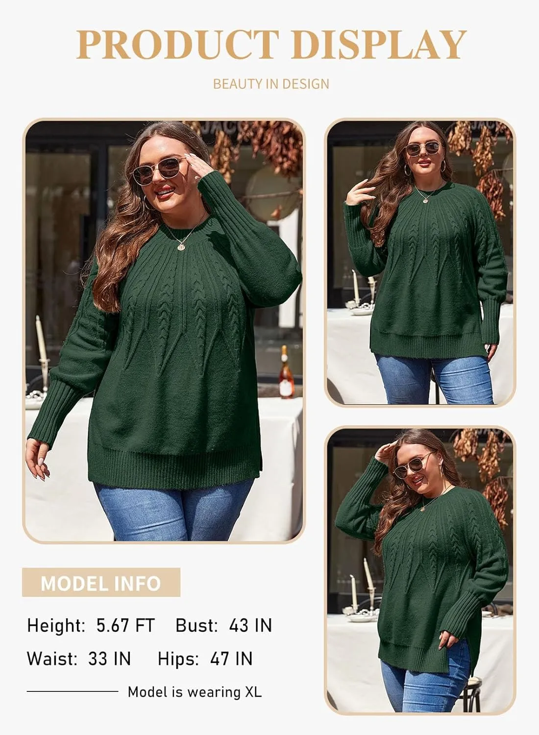 Eytino Womens Plus Size Sweater Casual Long Sleeve Crew Neck Slit Hem Cable Knit Chunky Tunic Jumper Tops(1X-5X)