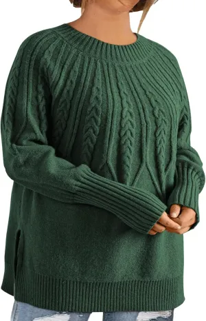 Eytino Womens Plus Size Sweater Casual Long Sleeve Crew Neck Slit Hem Cable Knit Chunky Tunic Jumper Tops(1X-5X)