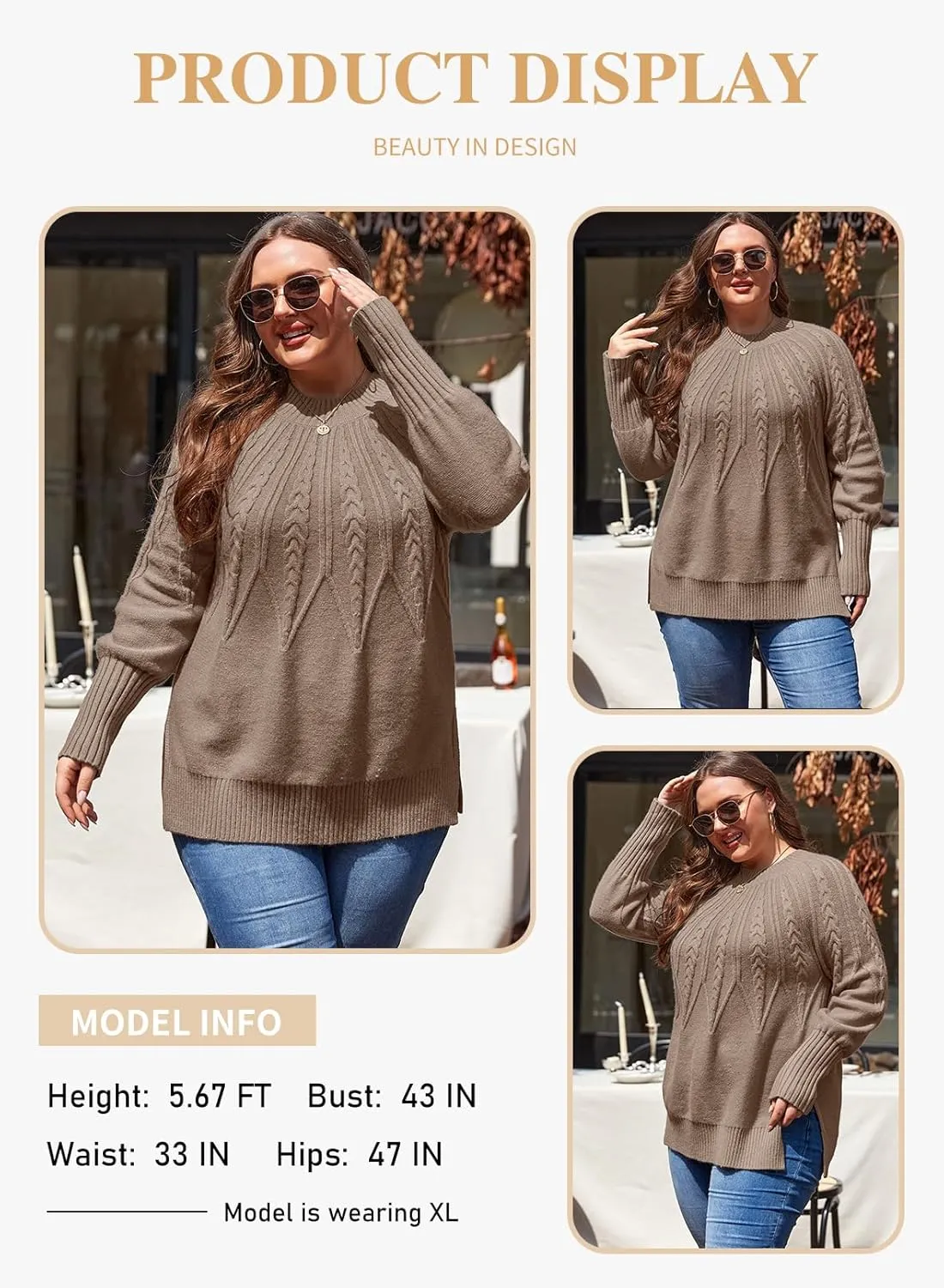 Eytino Womens Plus Size Sweater Casual Long Sleeve Crew Neck Slit Hem Cable Knit Chunky Tunic Jumper Tops(1X-5X)