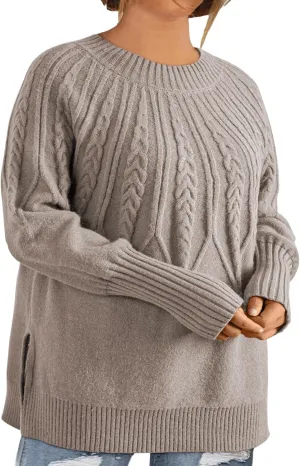 Eytino Womens Plus Size Sweater Casual Long Sleeve Crew Neck Slit Hem Cable Knit Chunky Tunic Jumper Tops(1X-5X)