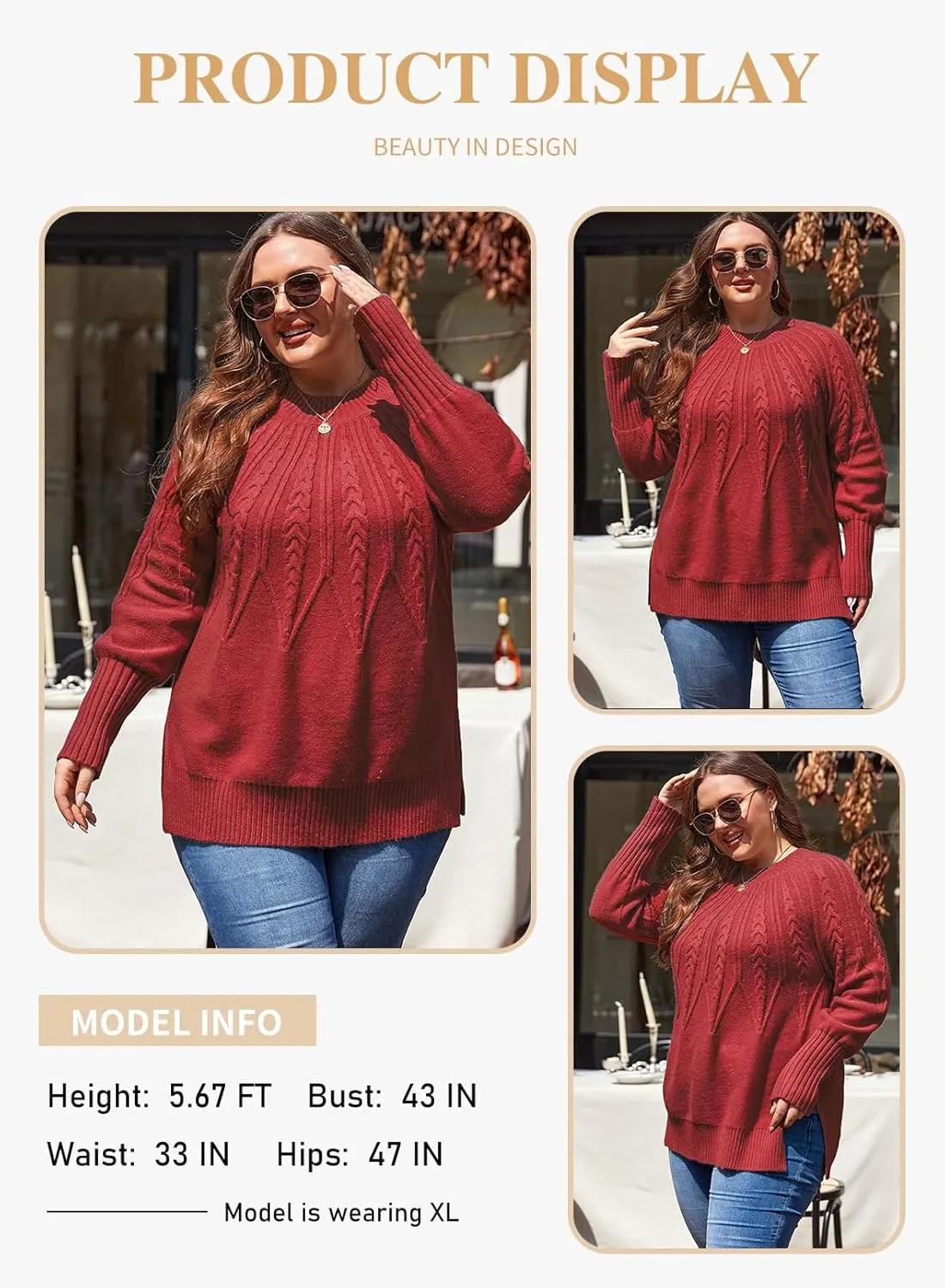 Eytino Womens Plus Size Sweater Casual Long Sleeve Crew Neck Slit Hem Cable Knit Chunky Tunic Jumper Tops(1X-5X)