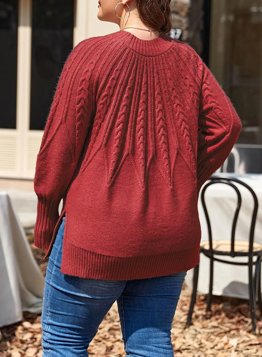 Eytino Womens Plus Size Sweater Casual Long Sleeve Crew Neck Slit Hem Cable Knit Chunky Tunic Jumper Tops(1X-5X)