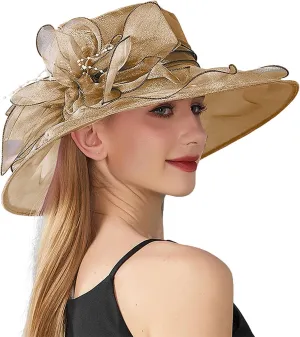 Fascinator Derby Hats for Women 2025 British Organza Church Wide Brim Bridal Tea Party Pearl Floral Bowler Hat Cap