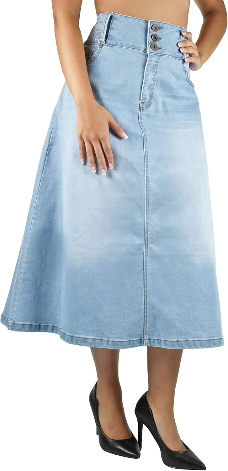 Fashion2Love Women's Juniors/Plus Size Long A-Line Stretch Denim Maxi Skirt