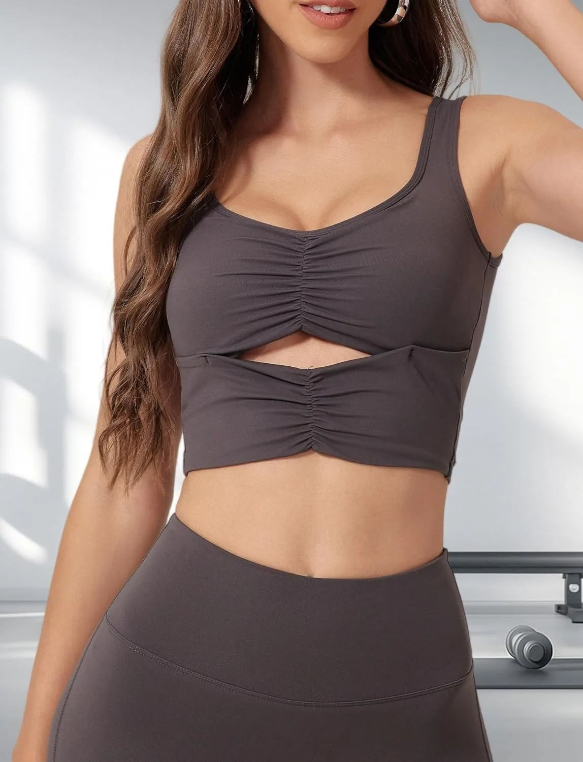 FEOYA Longline Sports Bra for Women Sleeveless Slim Fit Cutout Yoga Workout Cropped Tops Cute Padded Going Out Tank Tops
