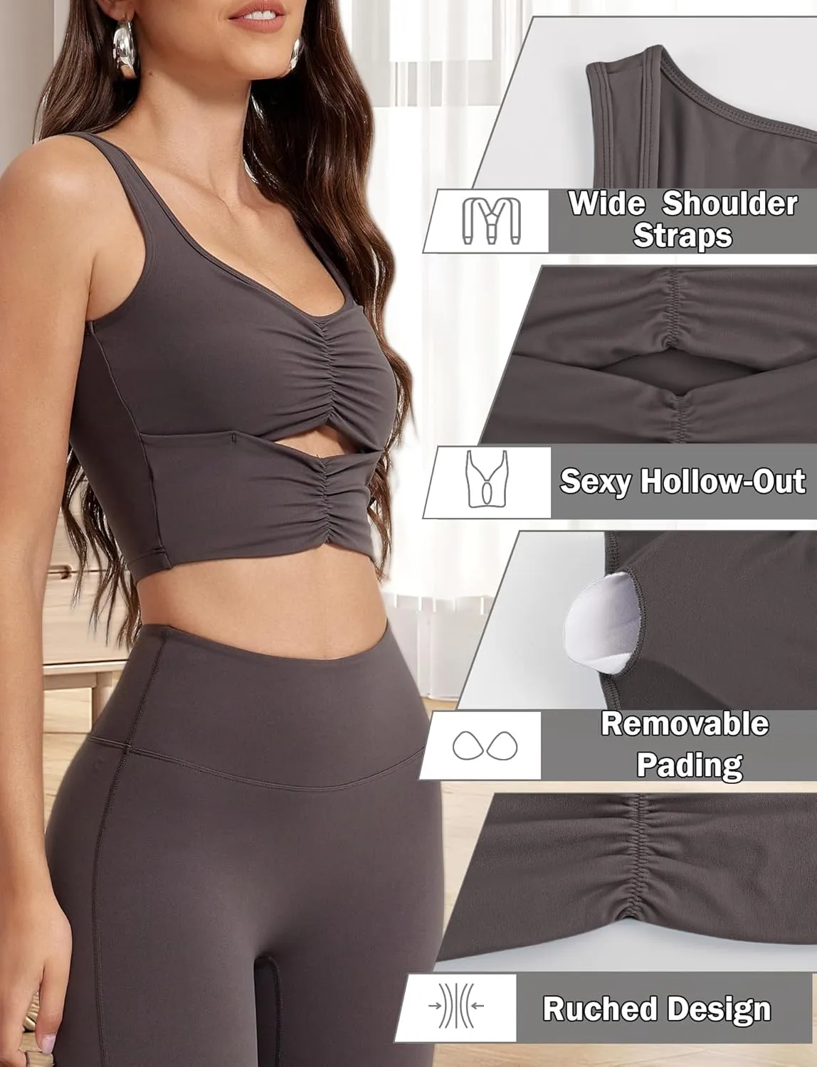 FEOYA Longline Sports Bra for Women Sleeveless Slim Fit Cutout Yoga Workout Cropped Tops Cute Padded Going Out Tank Tops